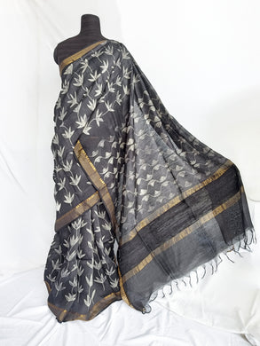 Black Bloom - Tussar silk shibori saree with blouse