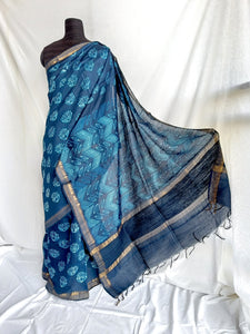 Indigo Bloom - Tussar silk Shibori saree with blouse