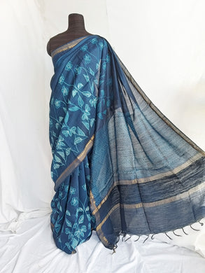 Blue Bees - Tussar silk shibori saree with blouse