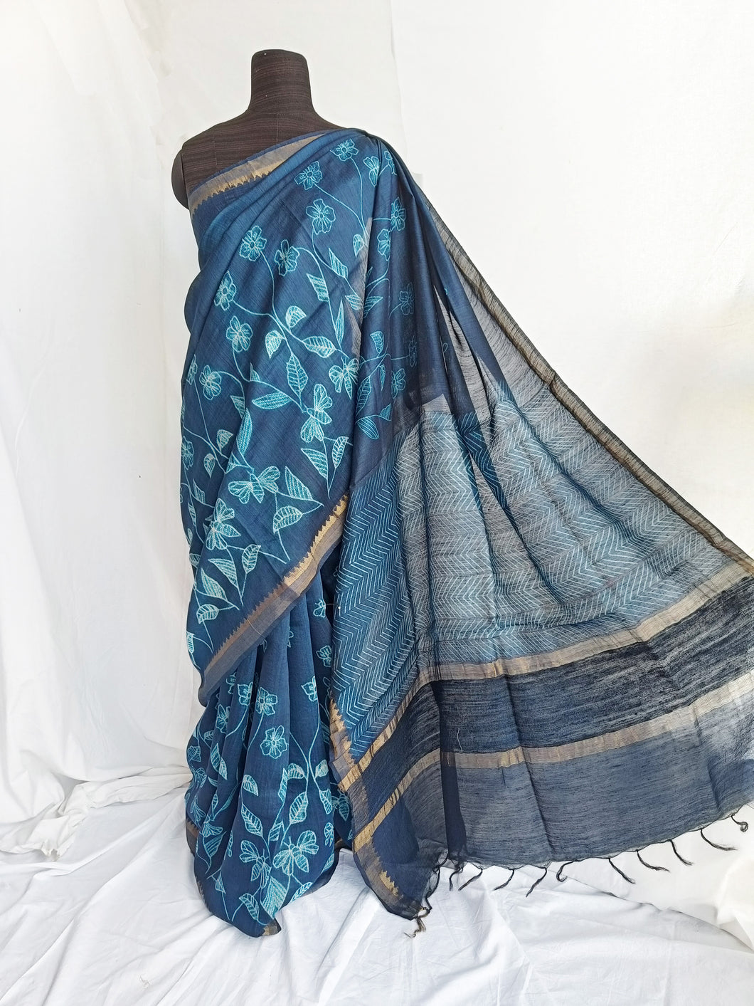 Blue Bees - Tussar silk shibori saree with blouse