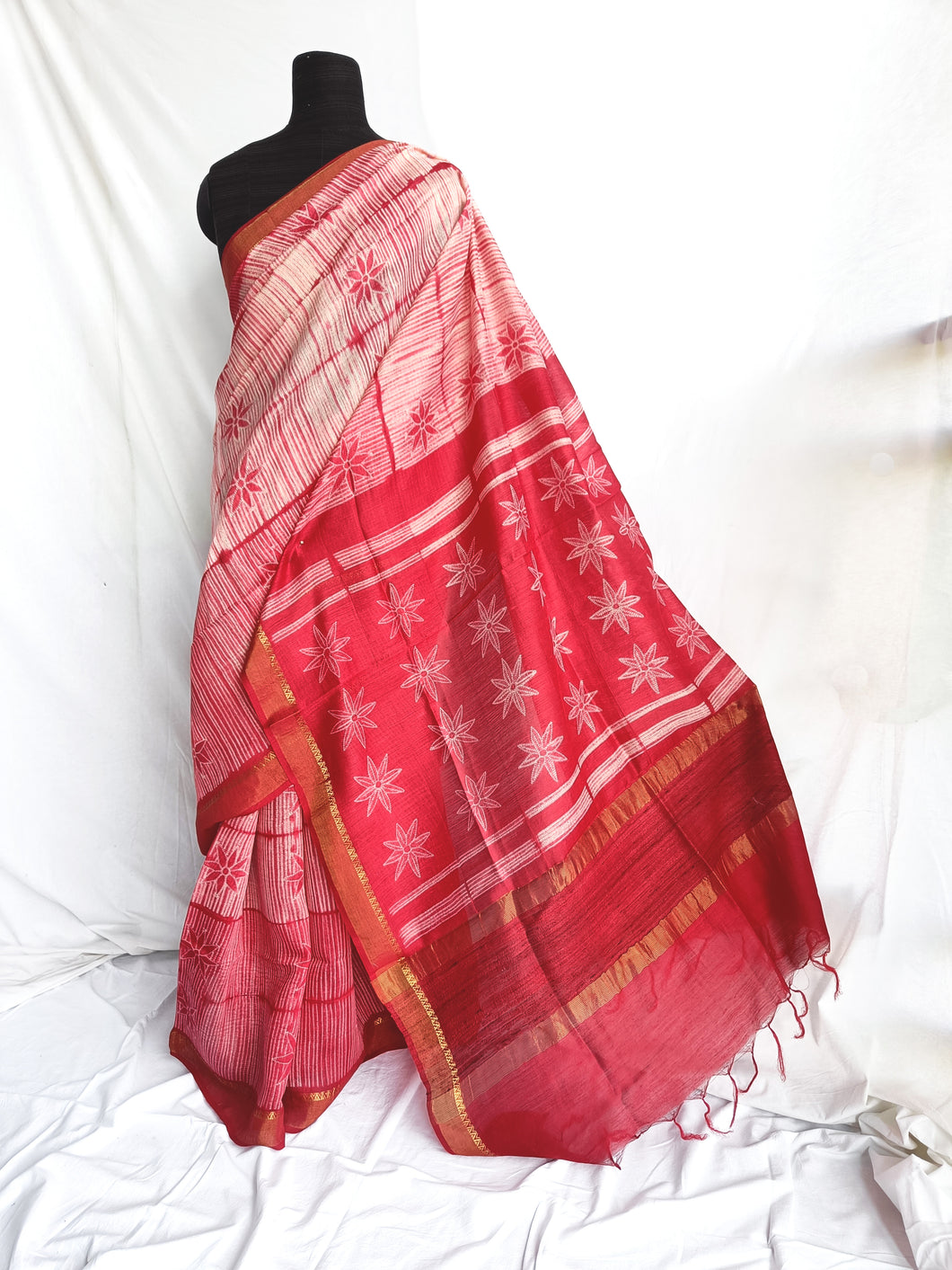 Red Bloom - Tussar silk Shibori saree